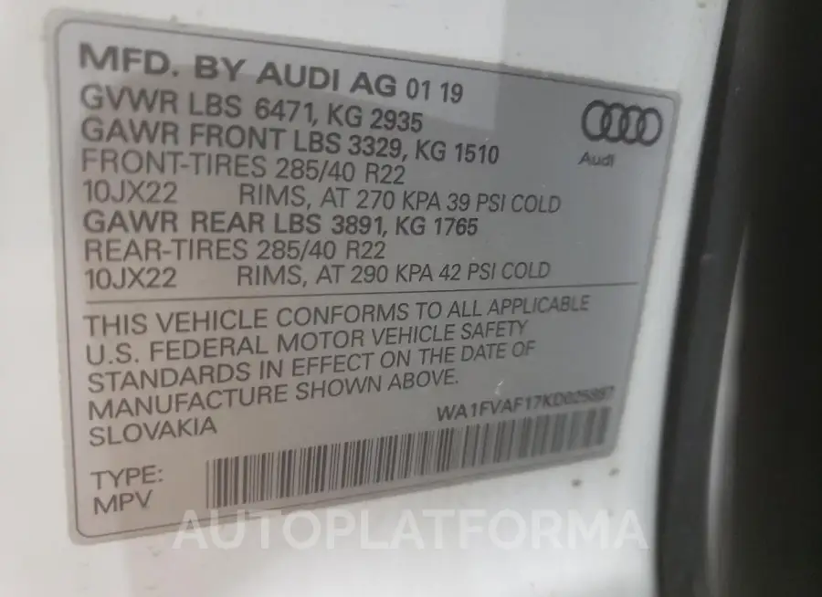 AUDI Q8 PRESTIG 2019 vin WA1FVAF17KD025887 from auto auction Copart