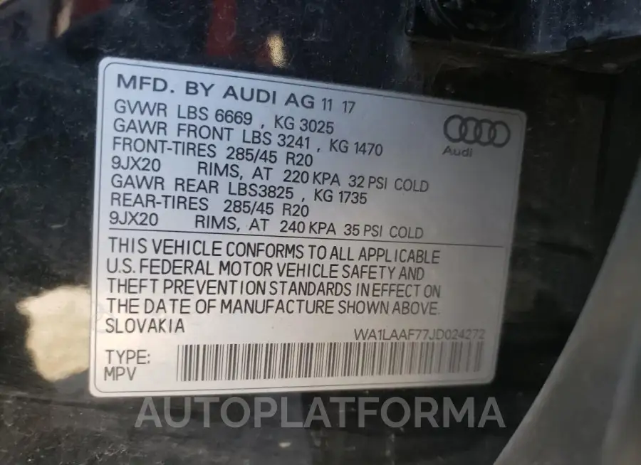 AUDI Q7 PREMIUM 2018 vin WA1LAAF77JD024272 from auto auction Copart