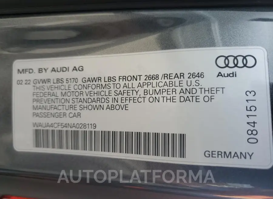 AUDI S5 PREMIUM 2022 vin WAUA4CF54NA028119 from auto auction Copart