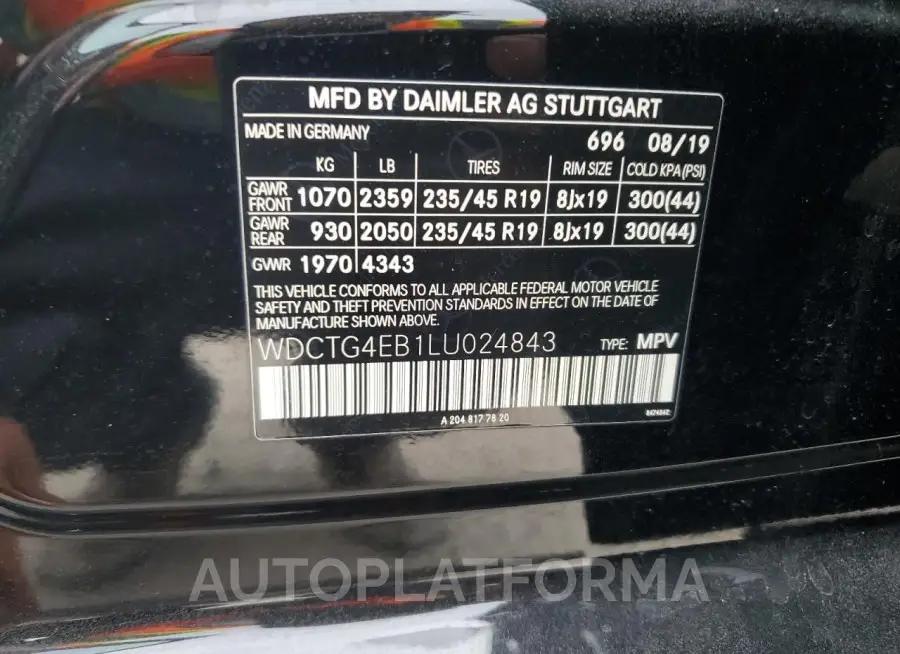 MERCEDES-BENZ GLA 250 2020 vin WDCTG4EB1LU024843 from auto auction Copart