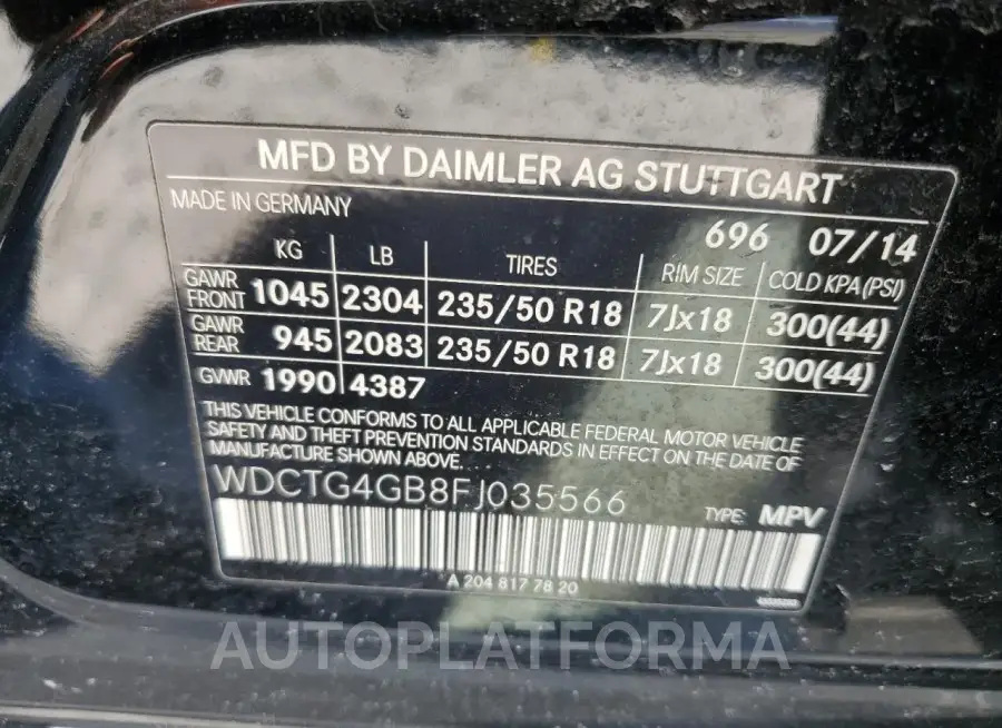 MERCEDES-BENZ GLA 250 4M 2015 vin WDCTG4GB8FJ035566 from auto auction Copart