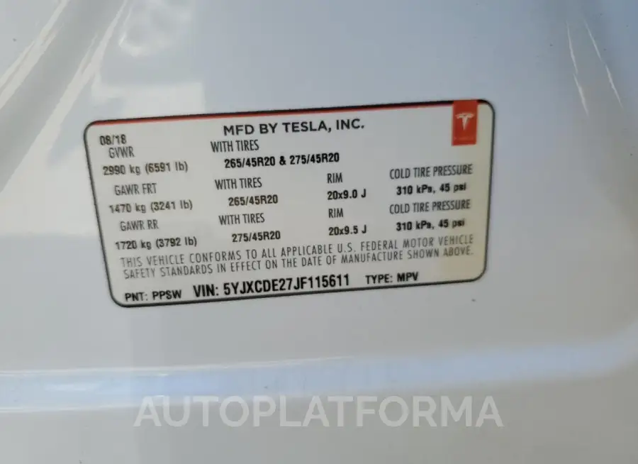 TESLA MODEL X 2018 vin 5YJXCDE27JF115611 from auto auction Copart