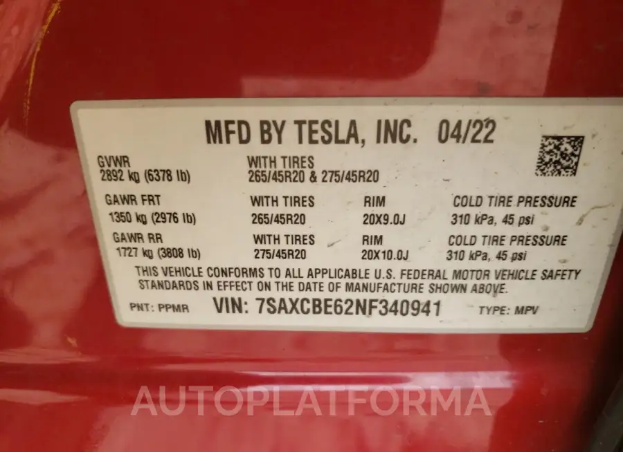 TESLA MODEL X 2022 vin 7SAXCBE62NF340941 from auto auction Copart