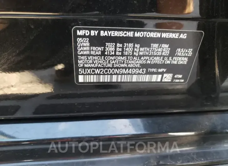 BMW X7 XDRIVE4 2022 vin 5UXCW2C00N9M49943 from auto auction Copart