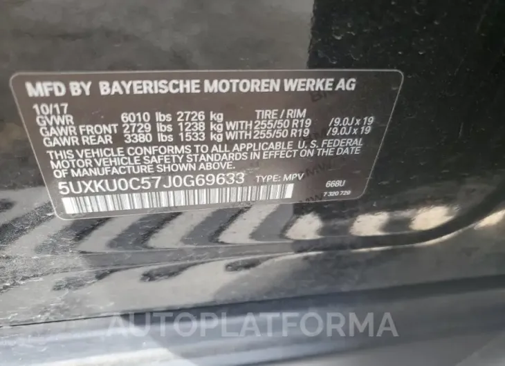 BMW X6 SDRIVE3 2018 vin 5UXKU0C57J0G69633 from auto auction Copart