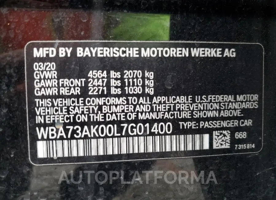 BMW 228XI 2020 vin WBA73AK00L7G01400 from auto auction Copart