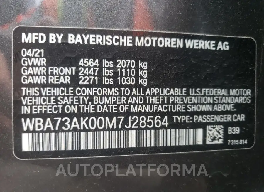 BMW 228XI 2021 vin WBA73AK00M7J28564 from auto auction Copart