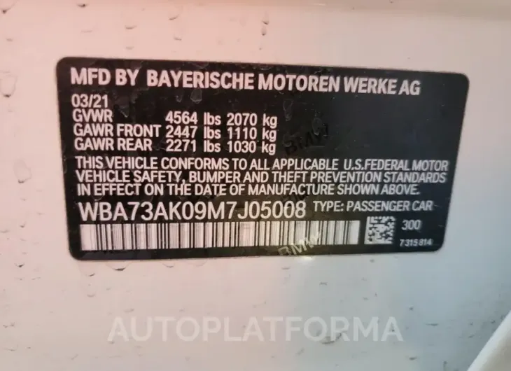 BMW 228XI 2021 vin WBA73AK09M7J05008 from auto auction Copart