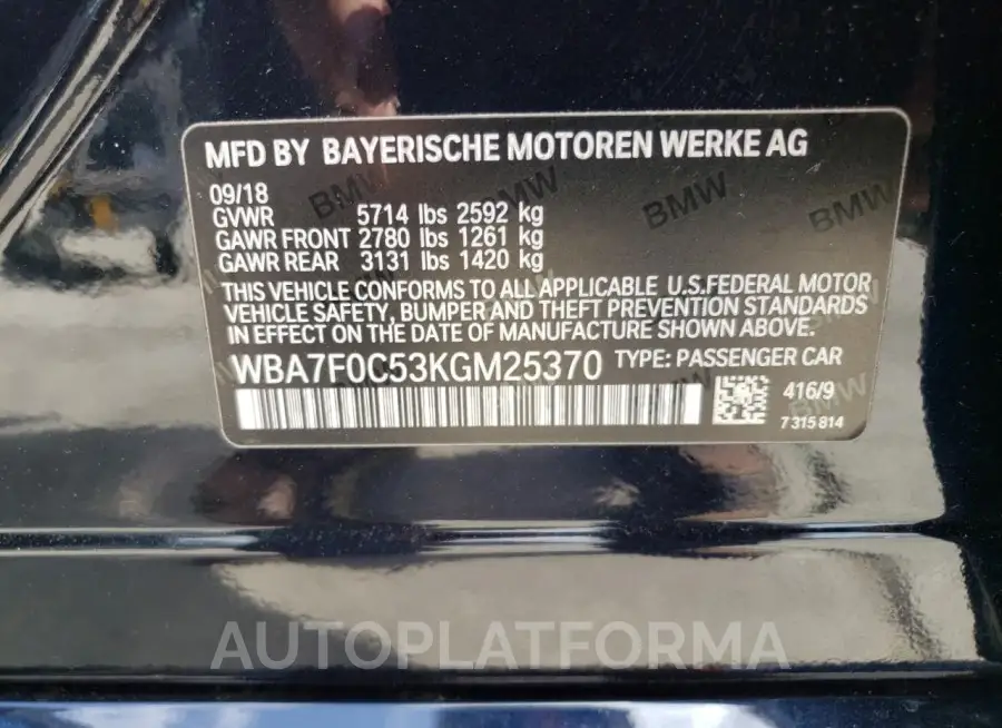 BMW 750 I 2019 vin WBA7F0C53KGM25370 from auto auction Copart