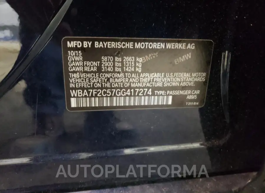 BMW 750 XI 2016 vin WBA7F2C57GG417274 from auto auction Copart