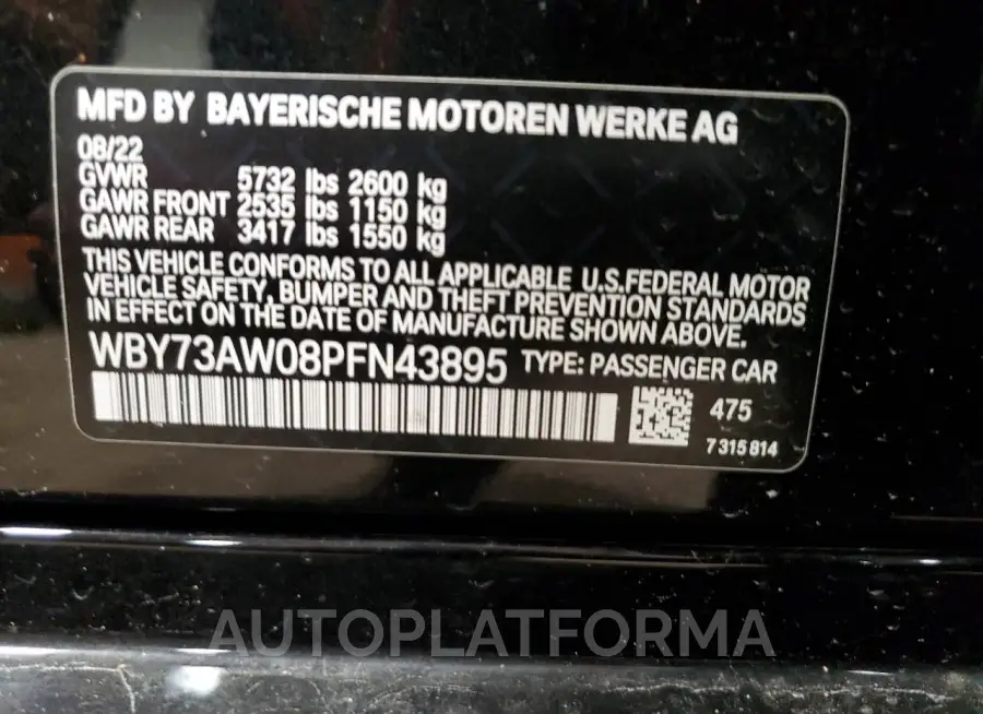 BMW I4 EDRIVE4 2023 vin WBY73AW08PFN43895 from auto auction Copart