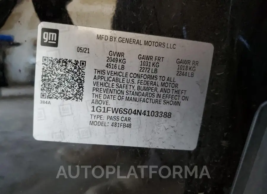 CHEVROLET BOLT EV 1L 2022 vin 1G1FW6S04N4103388 from auto auction Copart