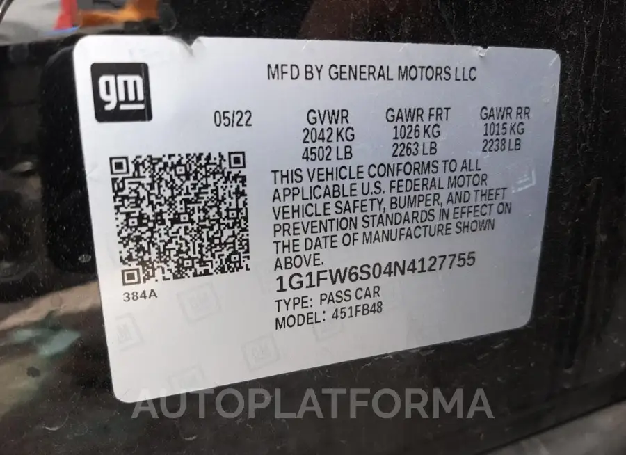 CHEVROLET BOLT EV 1L 2022 vin 1G1FW6S04N4127755 from auto auction Copart