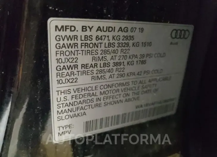 AUDI Q8 PREMIUM 2020 vin WA1BVAF14LD000901 from auto auction Copart