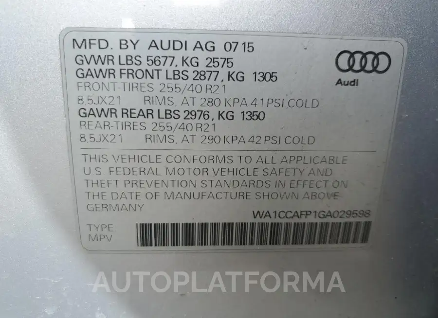 AUDI SQ5 PREMIU 2016 vin WA1CCAFP1GA029598 from auto auction Copart