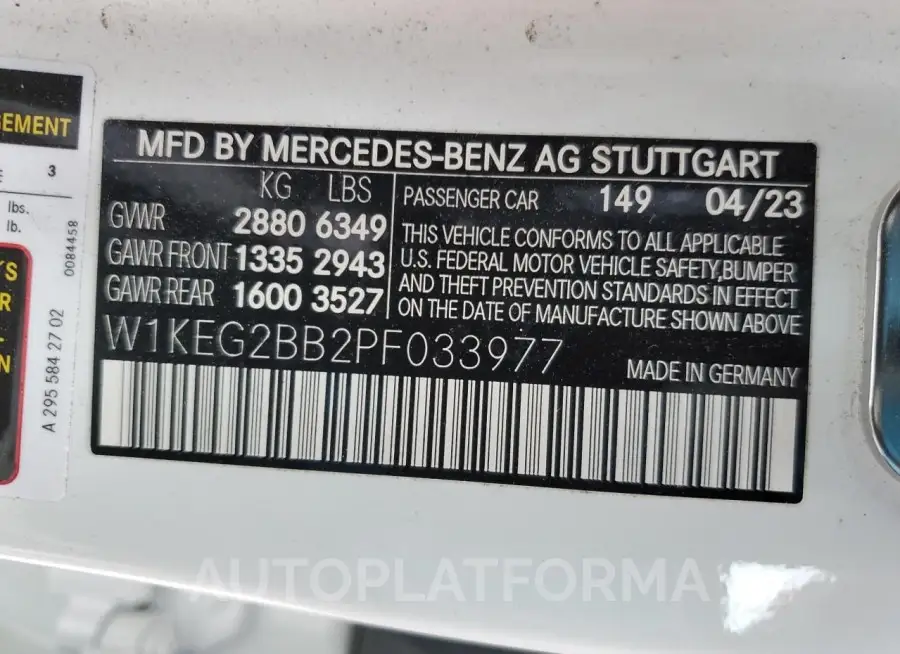 MERCEDES-BENZ EQE SEDAN 2023 vin W1KEG2BB2PF033977 from auto auction Copart