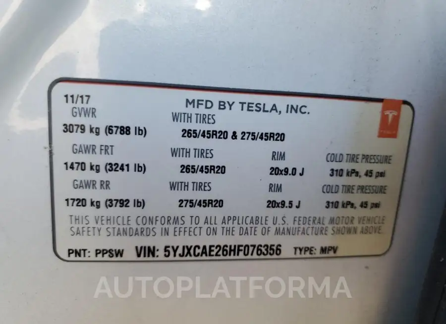 TESLA MODEL X 2017 vin 5YJXCAE26HF076356 from auto auction Copart