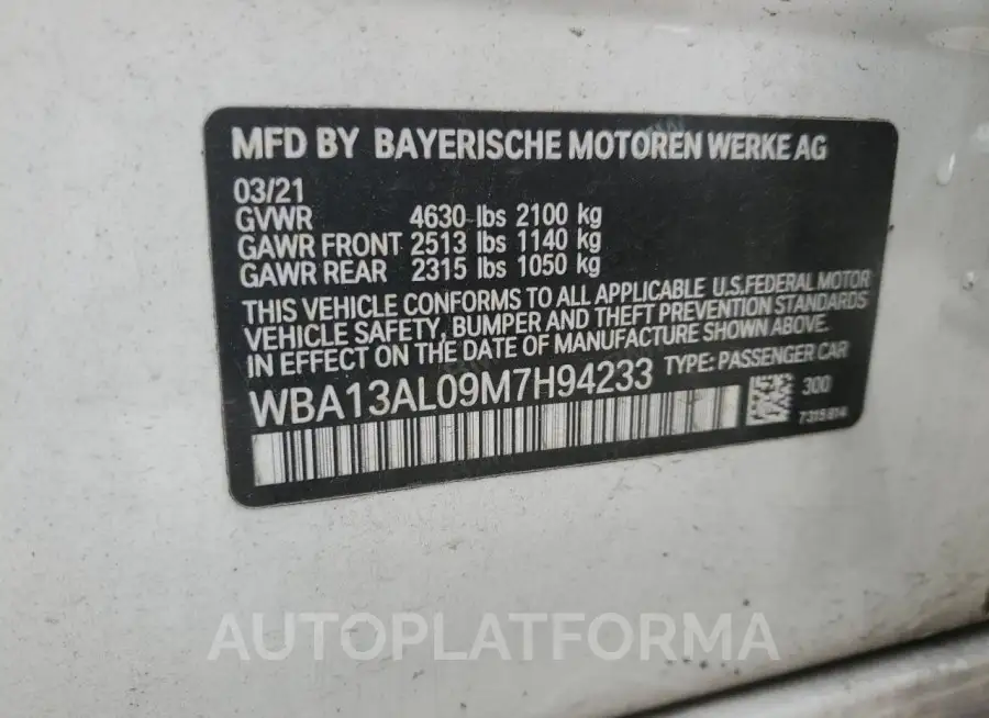 BMW M235XI 2021 vin WBA13AL09M7H94233 from auto auction Copart