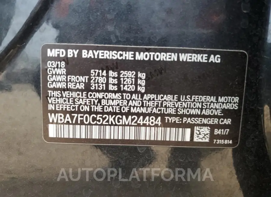 BMW 750 I 2019 vin WBA7F0C52KGM24484 from auto auction Copart