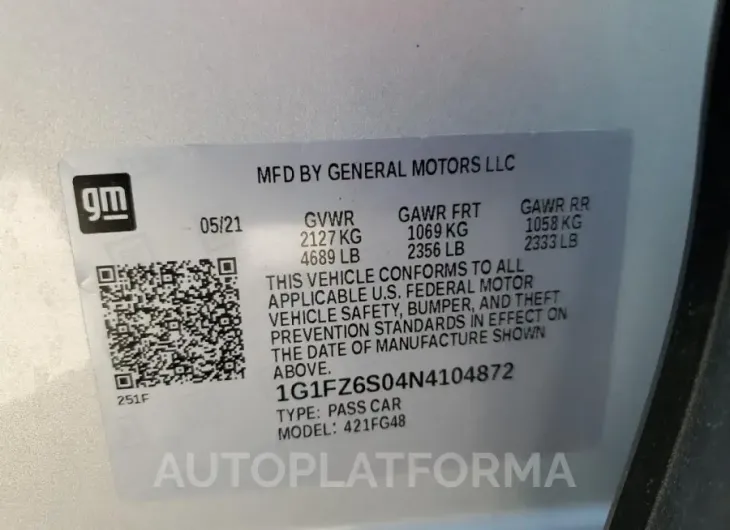 CHEVROLET BOLT EUV P 2022 vin 1G1FZ6S04N4104872 from auto auction Copart