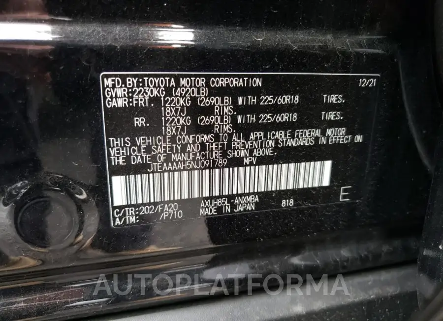 TOYOTA VENZA LE 2022 vin JTEAAAAH5NJ091789 from auto auction Copart