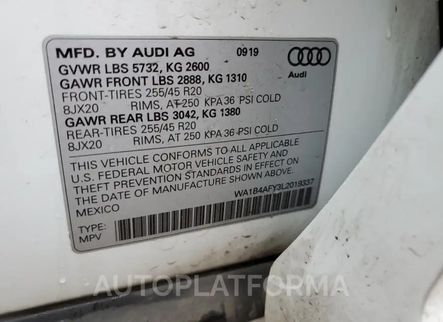 AUDI SQ5 PREMIU 2020 vin WA1B4AFY3L2019337 from auto auction Copart