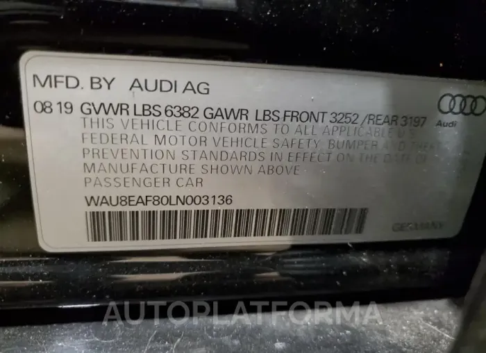 AUDI A8 L 2020 vin WAU8EAF80LN003136 from auto auction Copart