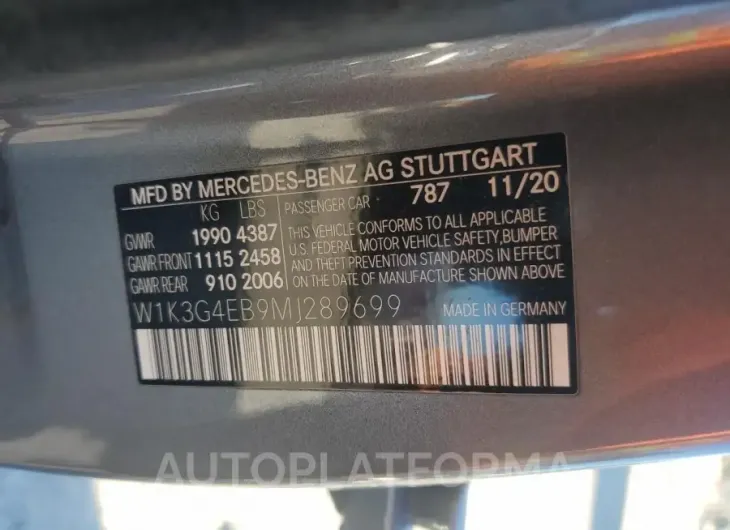 MERCEDES-BENZ A 220 2021 vin W1K3G4EB9MJ289699 from auto auction Copart