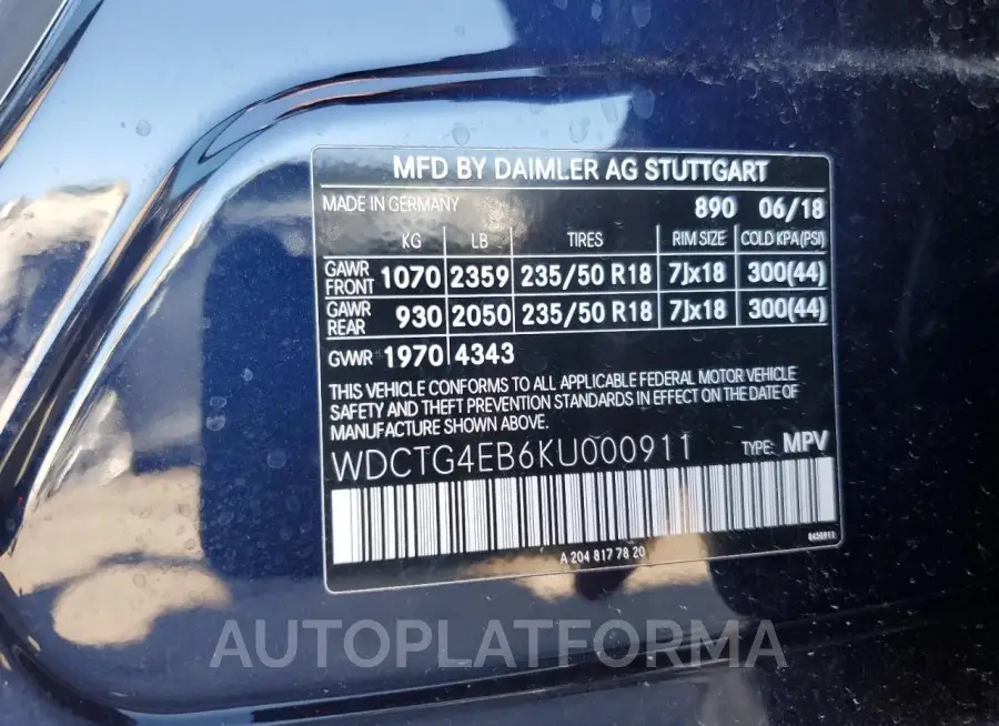 MERCEDES-BENZ GLA 250 2019 vin WDCTG4EB6KU000911 from auto auction Copart