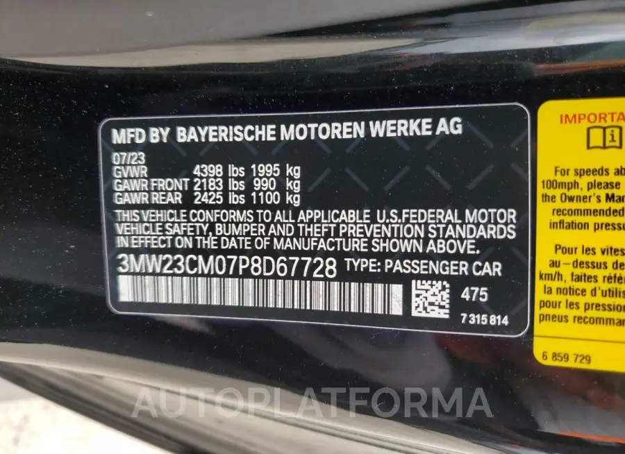 BMW 230I 2023 vin 3MW23CM07P8D67728 from auto auction Copart