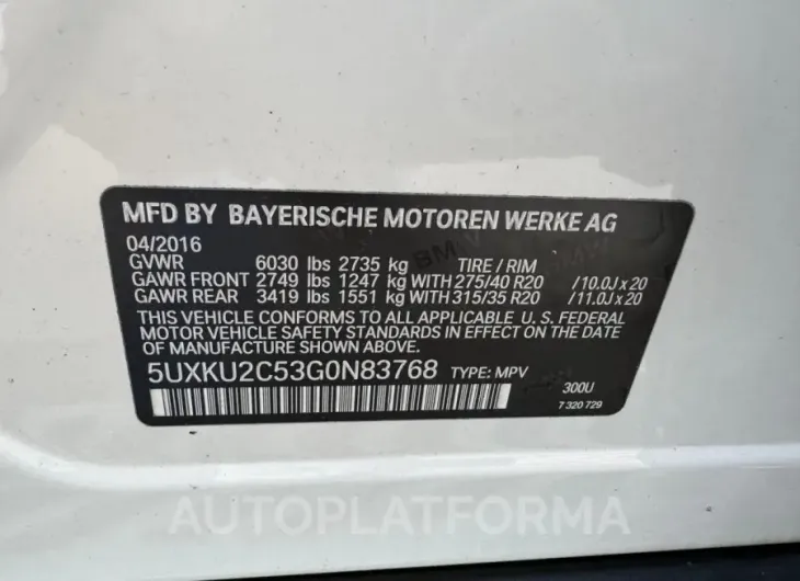 BMW X6 XDRIVE3 2016 vin 5UXKU2C53G0N83768 from auto auction Copart