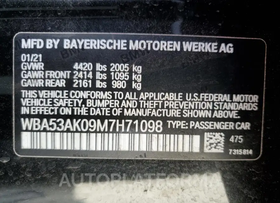 BMW 228I 2021 vin WBA53AK09M7H71098 from auto auction Copart