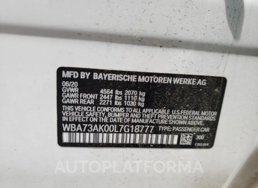 BMW 228XI 2020 vin WBA73AK00L7G18777 from auto auction Copart