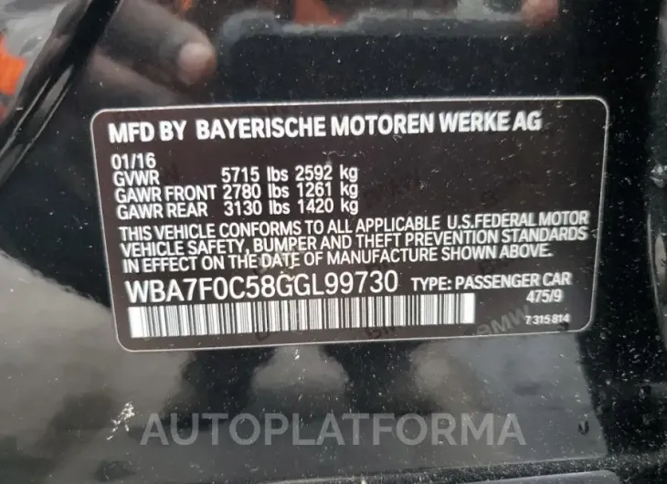 BMW 750 I 2016 vin WBA7F0C58GGL99730 from auto auction Copart