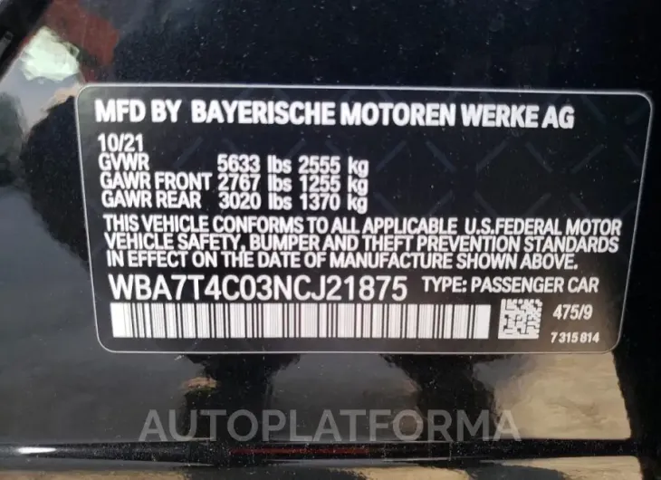 BMW 740 XI 2022 vin WBA7T4C03NCJ21875 from auto auction Copart