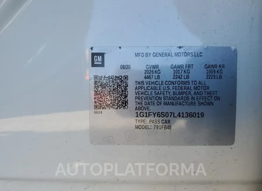 CHEVROLET BOLT EV LT 2020 vin 1G1FY6S07L4136019 from auto auction Copart