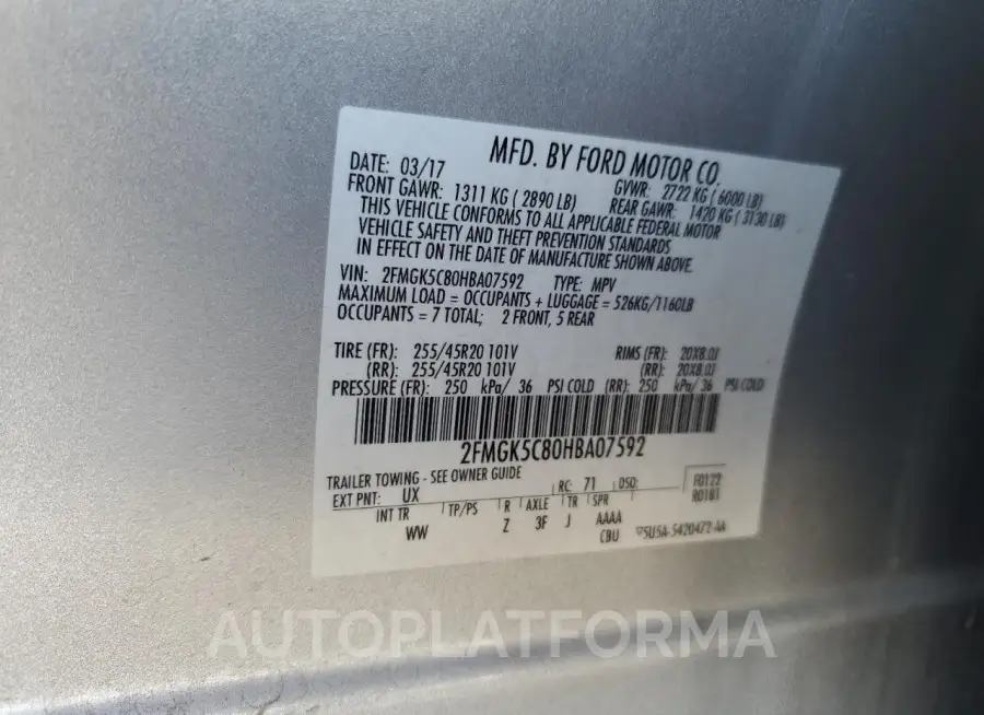 FORD FLEX SEL 2017 vin 2FMGK5C80HBA07592 from auto auction Copart