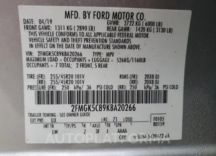 FORD FLEX SEL 2019 vin 2FMGK5C89KBA20266 from auto auction Copart