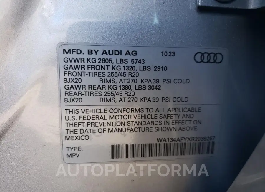 AUDI SQ5 SPORTB 2024 vin WA134AFYXR2039257 from auto auction Copart