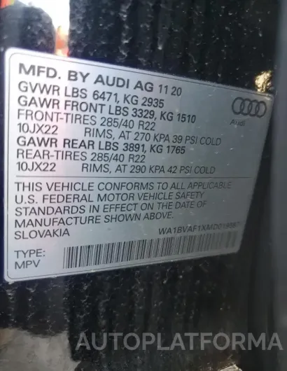 AUDI Q8 PREMIUM 2021 vin WA1BVAF1XMD019597 from auto auction Copart