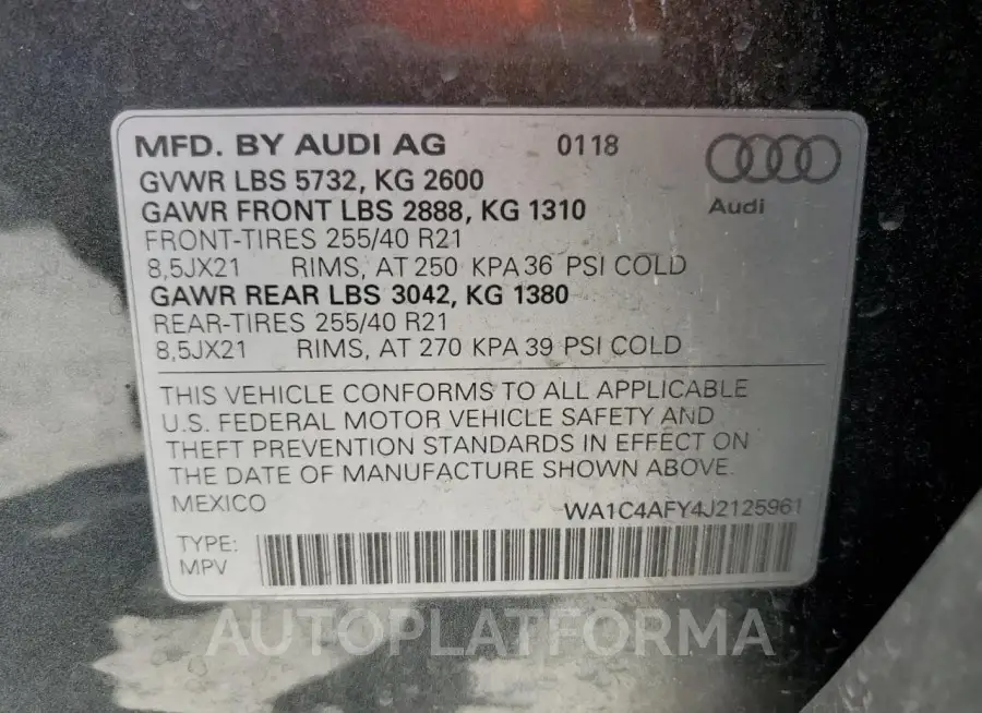 AUDI SQ5 PRESTI 2018 vin WA1C4AFY4J2125961 from auto auction Copart