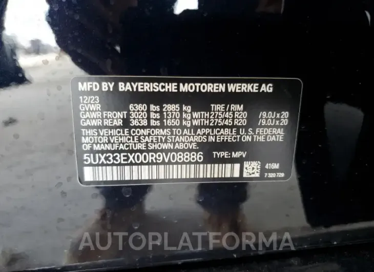 BMW X6 XDRIVE4 2024 vin 5UX33EX00R9V08886 from auto auction Copart