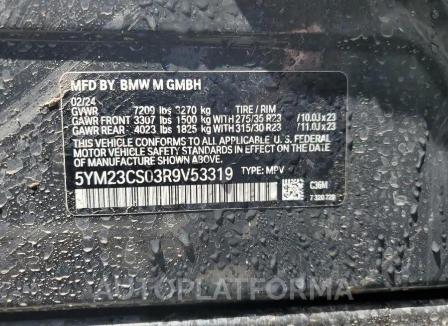 BMW XM 2024 vin 5YM23CS03R9V53319 from auto auction Copart