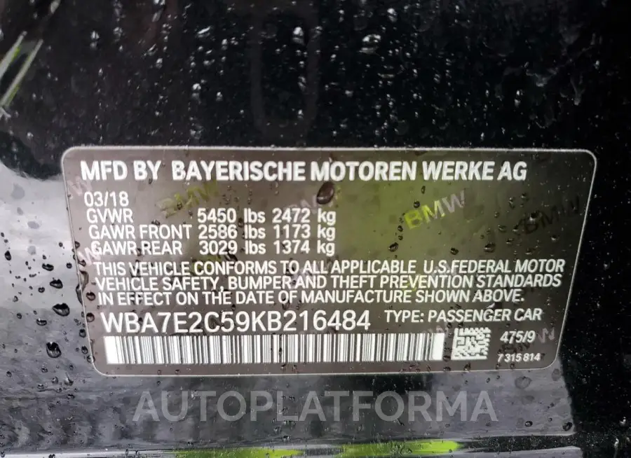 BMW 740 I 2019 vin WBA7E2C59KB216484 from auto auction Copart