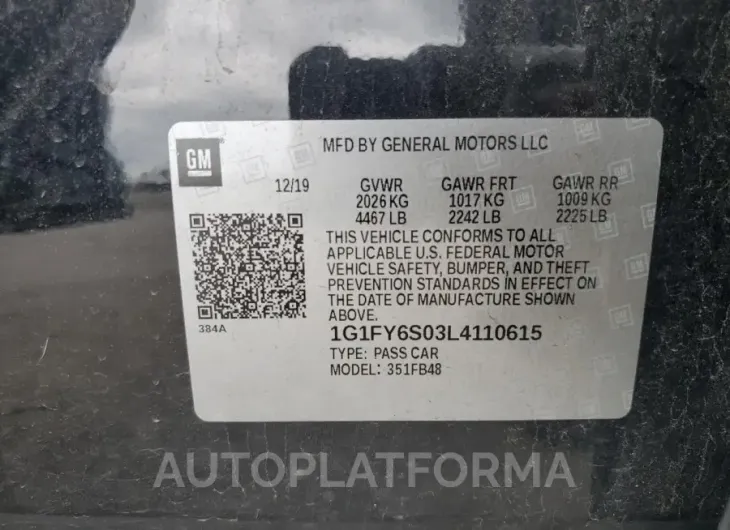 CHEVROLET BOLT EV LT 2020 vin 1G1FY6S03L4110615 from auto auction Copart