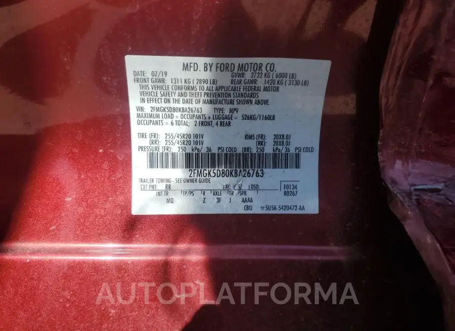 FORD FLEX 2019 vin 2FMGK5D80KBA26763 from auto auction Copart