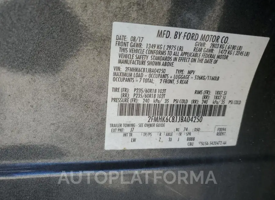 FORD FLEX SEL 2018 vin 2FMHK6C81JBA04250 from auto auction Copart