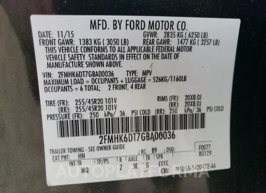 FORD FLEX LIMIT 2016 vin 2FMHK6DT7GBA00036 from auto auction Copart