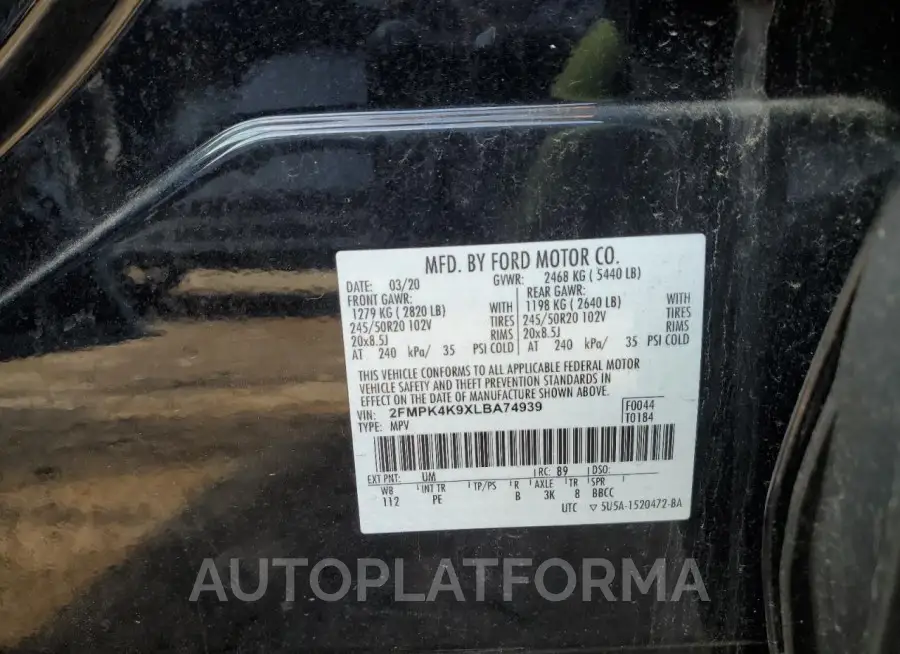 FORD EDGE TITAN 2020 vin 2FMPK4K9XLBA74939 from auto auction Copart