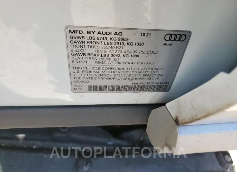 AUDI SQ5 PRESTI 2022 vin WA1C4AFY2N2036203 from auto auction Copart